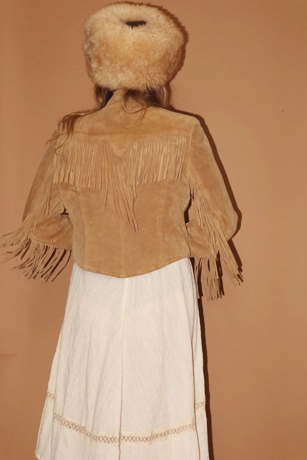 VINTAGE 60s 70s MS PIONEER BEIGE SUEDE LEATHER FRINGED TASSEL